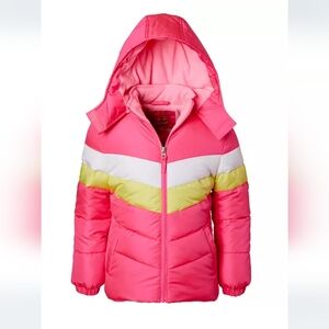 Big Girls Colorblock Puffer Jacket with Fleece Hood. Sz. Large (14)